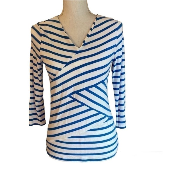 NWT TALBOTS Blue and White Asymmetrical Striped Top Shirt - Picture 3 of 5